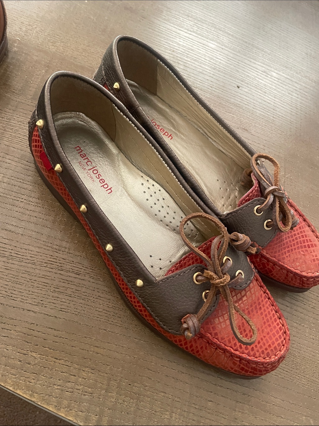 Marc Joseph Red And Brown Studded Leather Driving Loafers